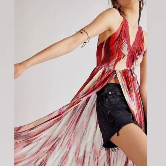 New! Free People Siren Maxi‎ Dress/Top Lace Trim Straps Slit, size XS - Picture 1 of 14
